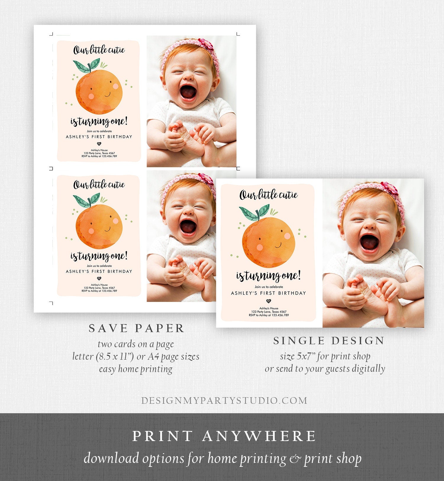 Editable Little Cutie Birthday Invitation Clementine Oranges Party Boy Girl Orange Citrus Digital Download Template Printable 0330