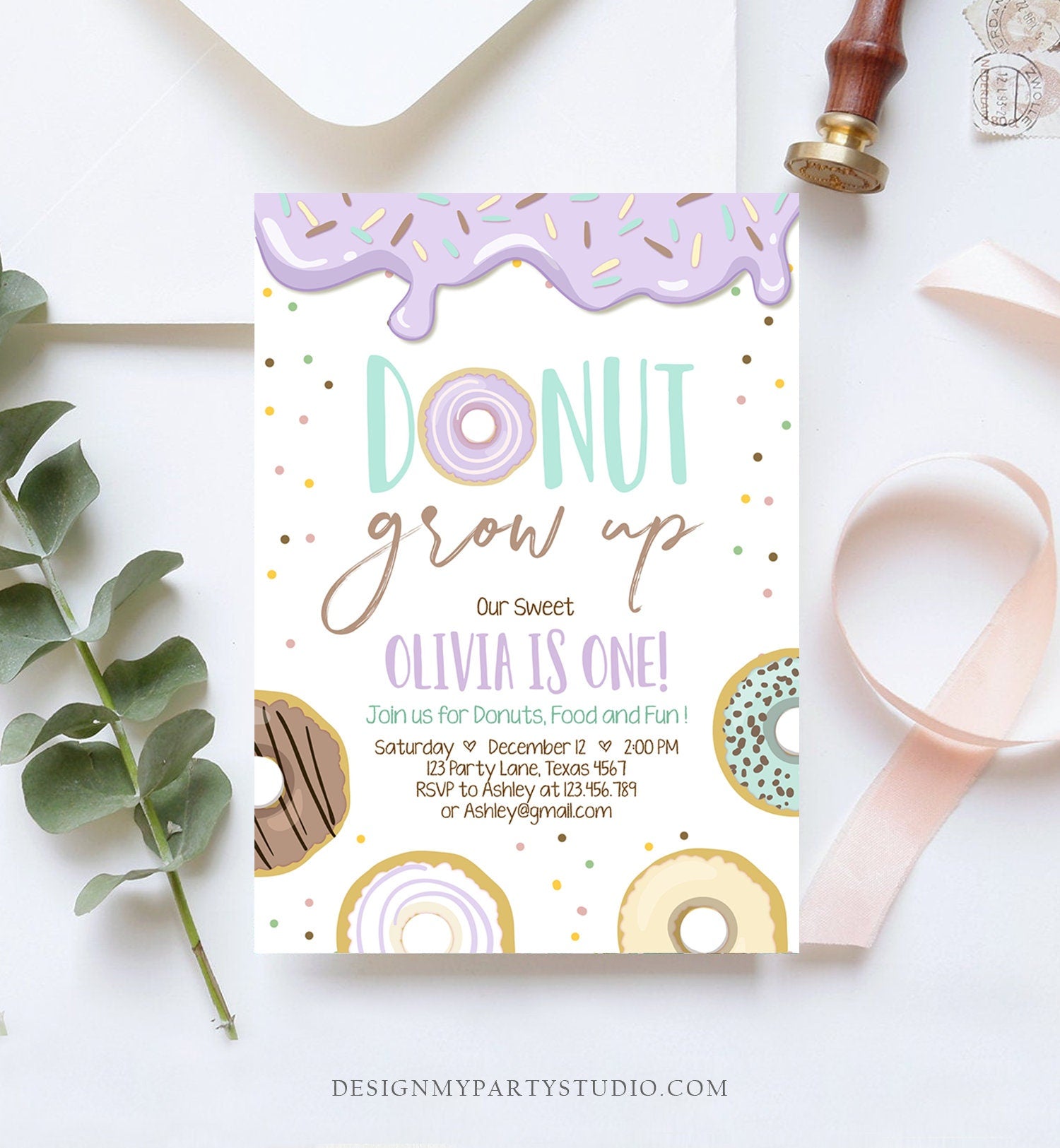 Editable Donut Grow Up Birthday Invitation First Birthday Party Lavender Girl Doughnut Sweet Digital Download Printable Template Corjl 0320