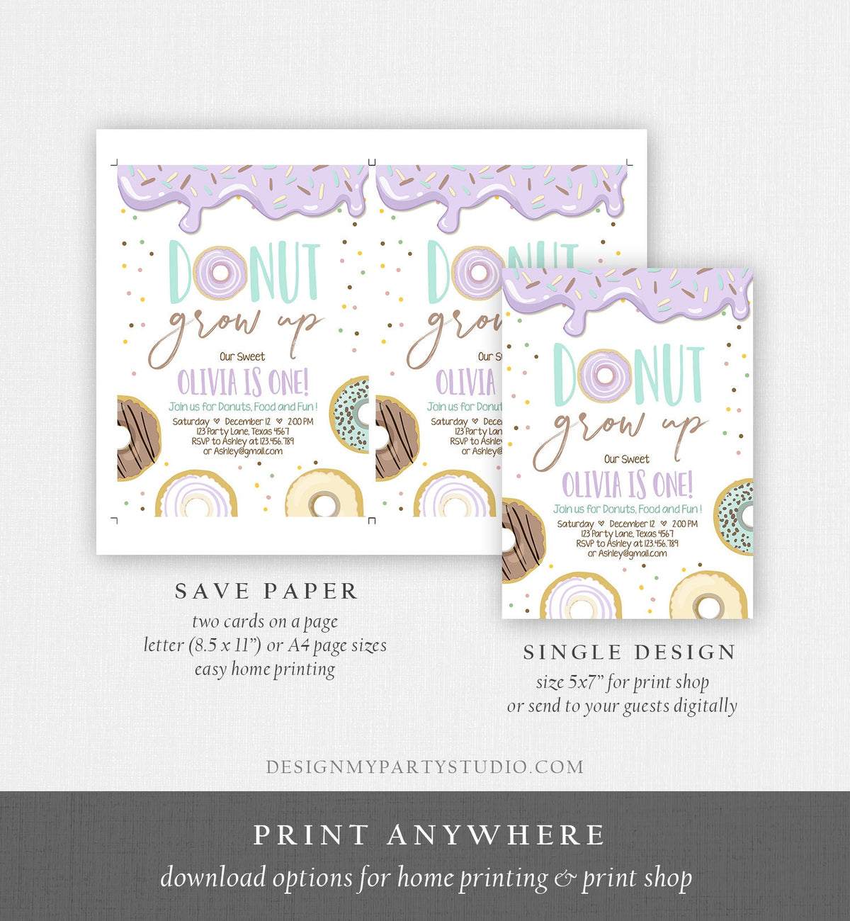 Editable Donut Grow Up Birthday Invitation First Birthday Party Lavender Girl Doughnut Sweet Digital Download Printable Template Corjl 0320