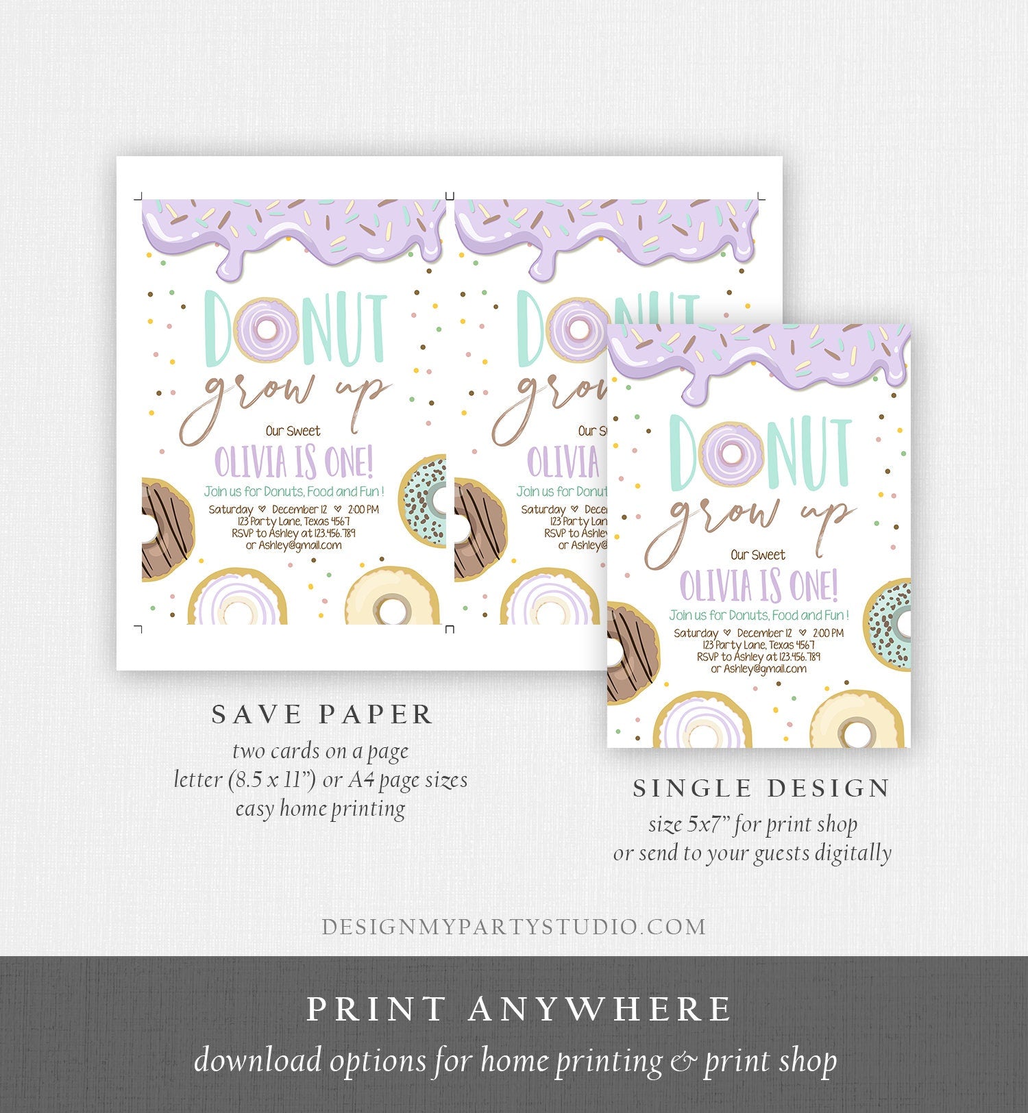 Editable Donut Grow Up Birthday Invitation First Birthday Party Lavender Girl Doughnut Sweet Digital Download Printable Template Corjl 0320