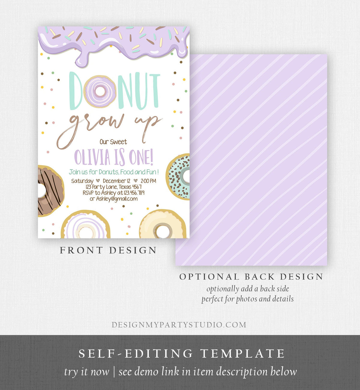 Editable Donut Grow Up Birthday Invitation First Birthday Party Lavender Girl Doughnut Sweet Digital Download Printable Template Corjl 0320