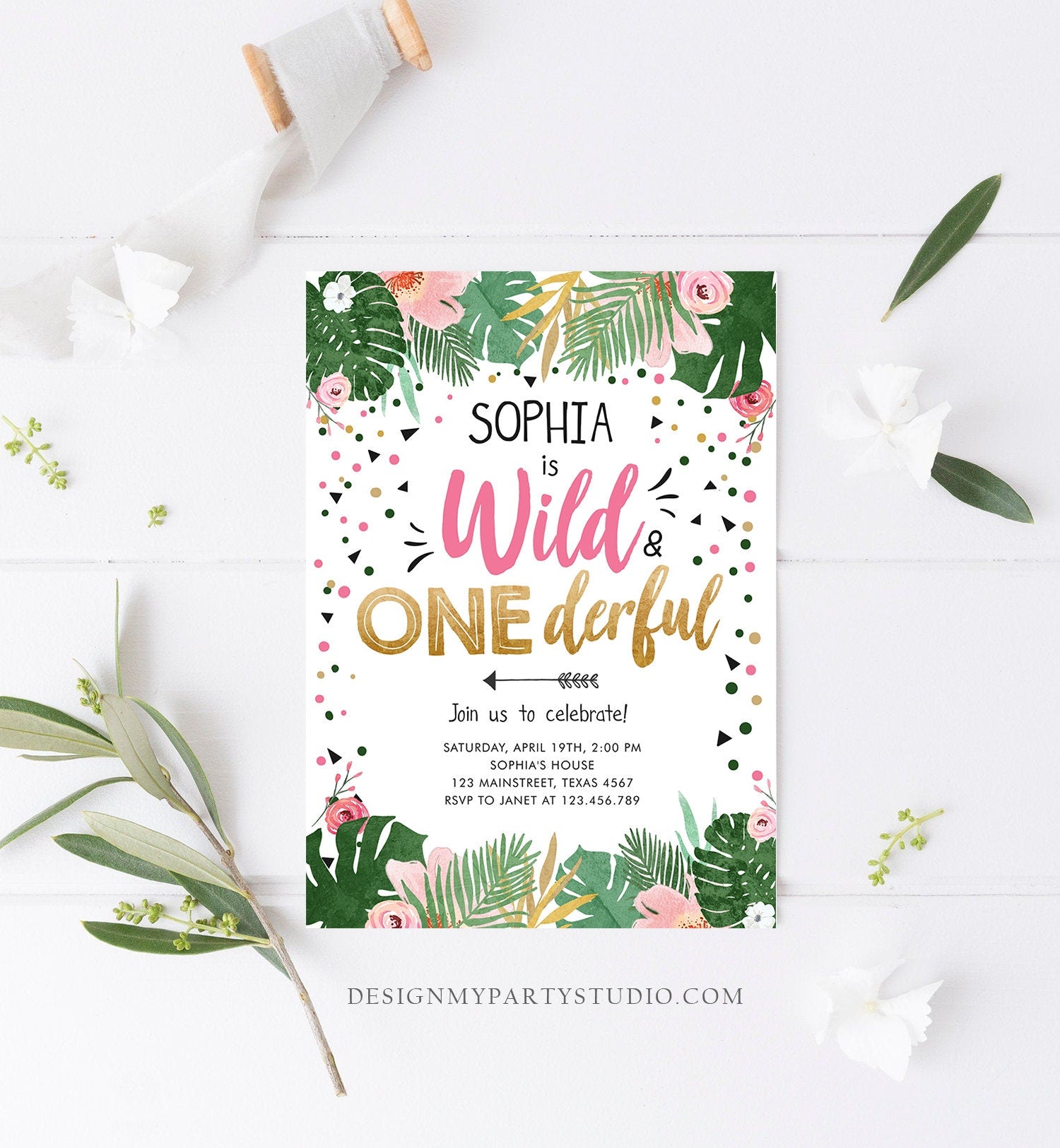 Editable Wild and Onederful Birthday Invitation Girl Wild One Safari Tropical Pink Gold Jungle First Birthday Evite Template Printable 0332