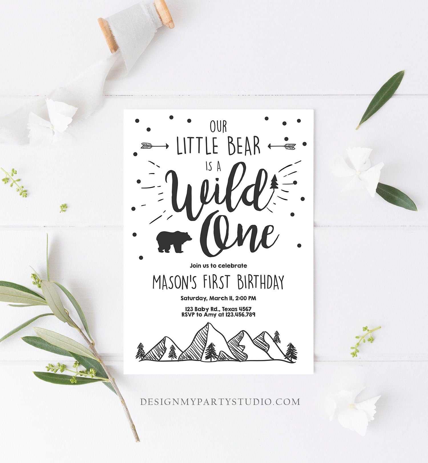 Editable Wild One Adventure First Birthday Invitation Little Bear Wild Things Boy Mountains Outdoor Download Corjl Template Printable 0083