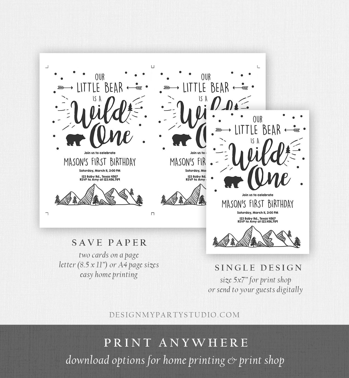 Editable Wild One Adventure First Birthday Invitation Little Bear Wild Things Boy Mountains Outdoor Digital Download Template Printable 0083