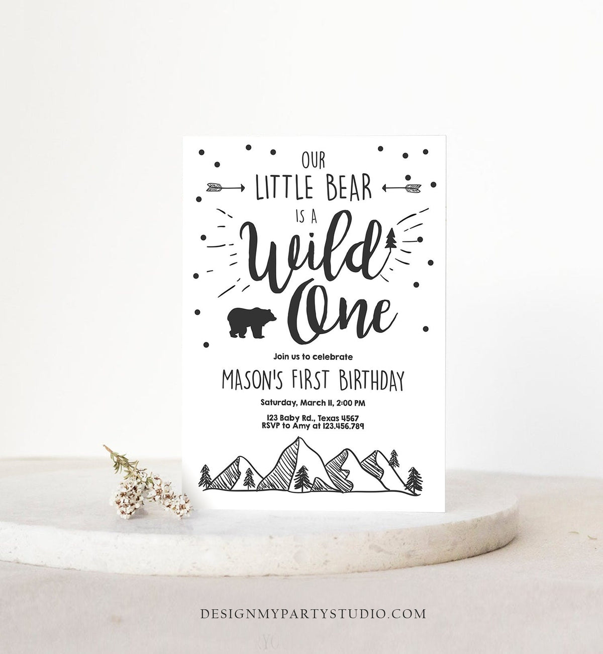 Editable Wild One Adventure First Birthday Invitation Little Bear Wild Things Boy Mountains Outdoor Digital Download Template Printable 0083