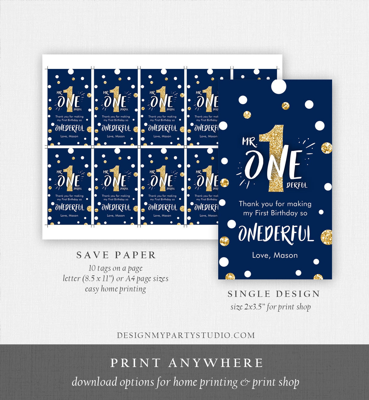 Editable Mr. Onederful Favor Tags Tags Birthday Thank you tags Navy Blue Gold Bow Boy First Birthday 1st Tags Template Corjl PRINTABLE 0072