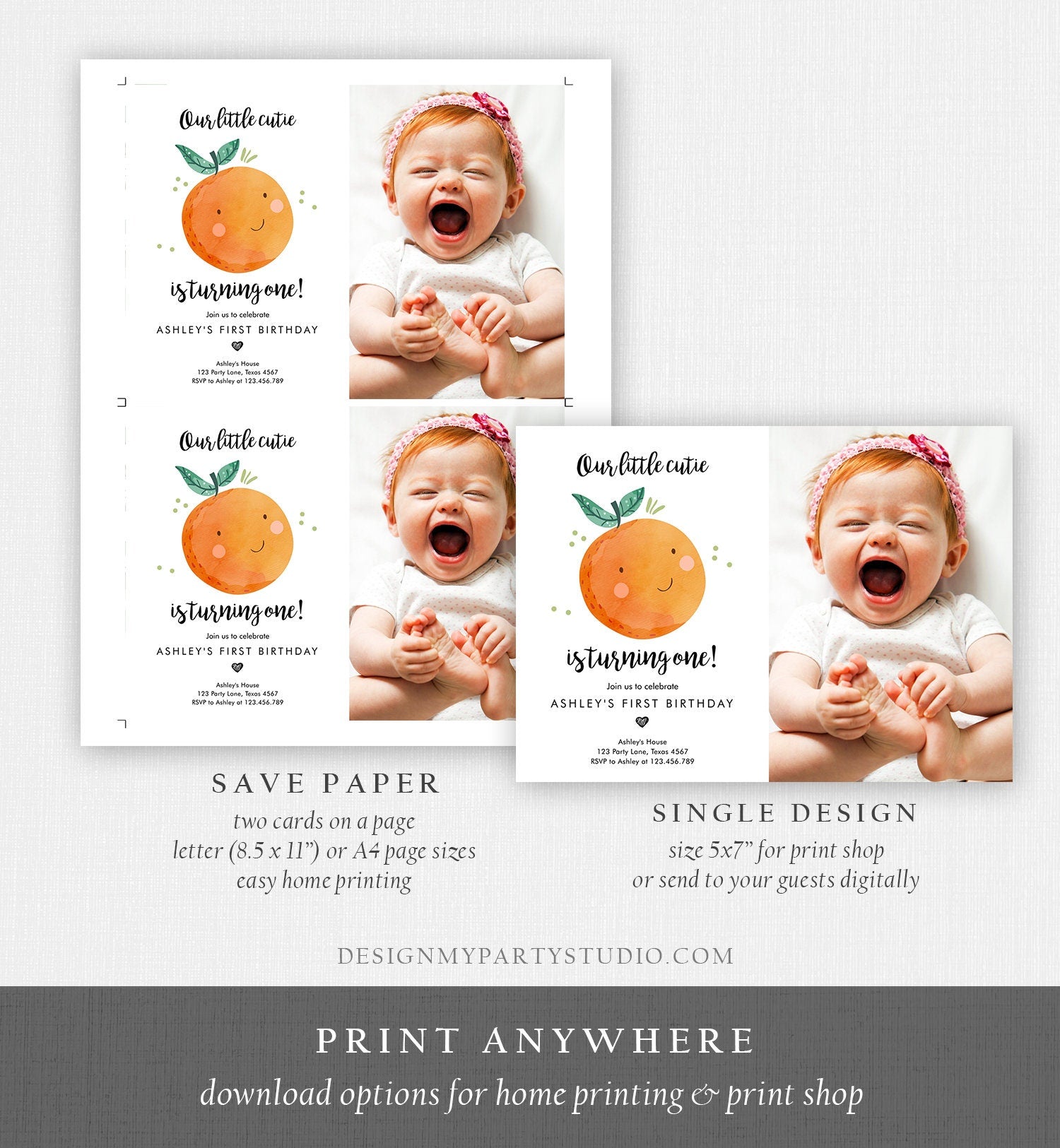 Editable Little Cutie Birthday Invitation Clementine Oranges Party Boy Girl Orange Citrus Digital Download Evite Template Printable 0330