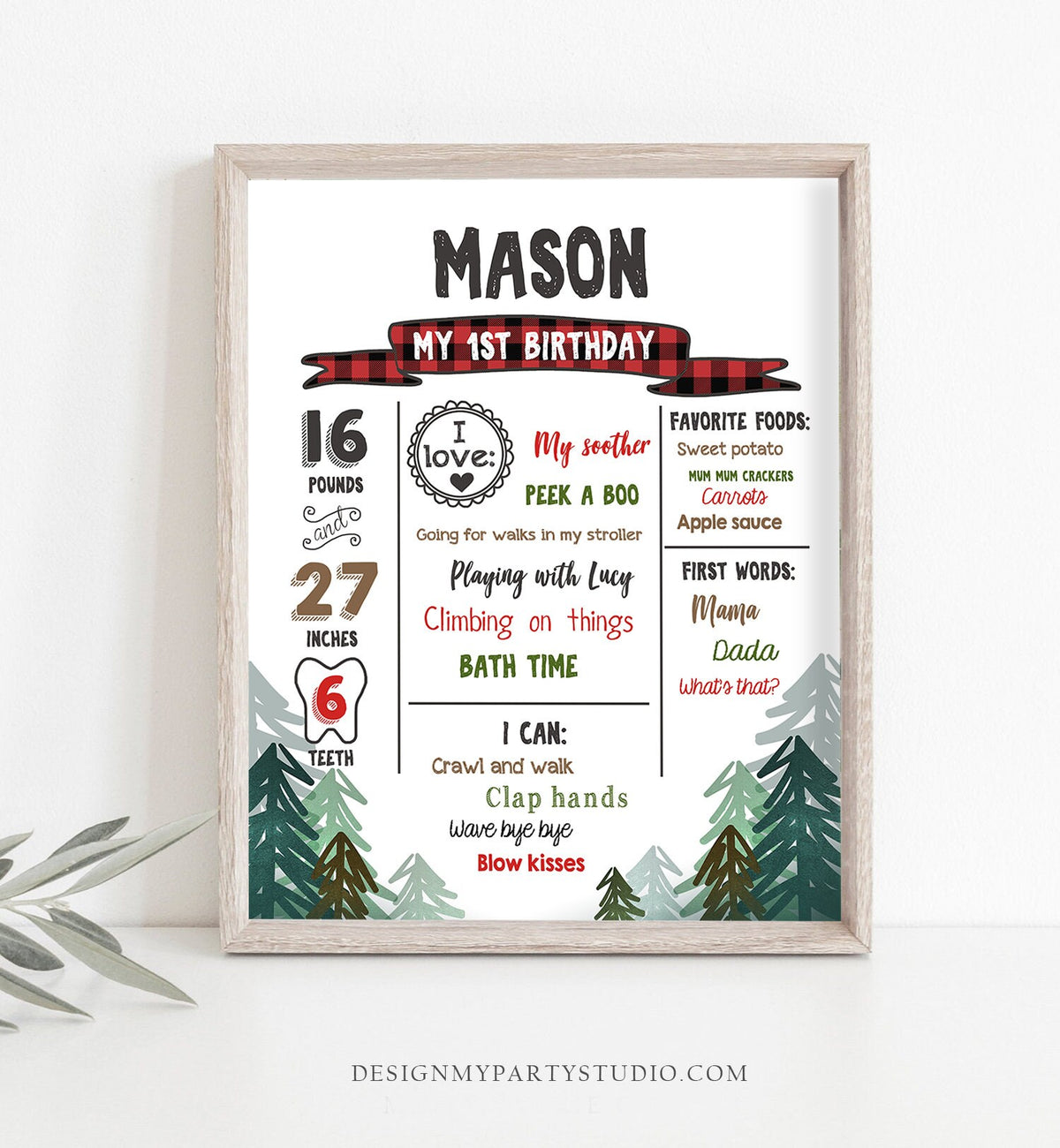 Editable Lumberjack Birthday Milestones Sign Pine Tree Stat Poster Infographic Woodland 1st Birthday Bear Template Printable Corjl 0377