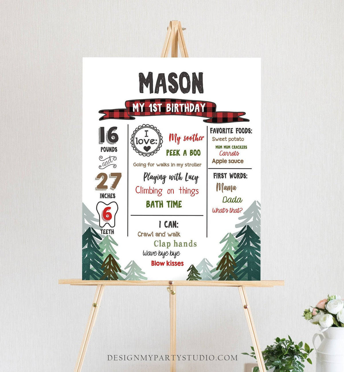 Editable Lumberjack Birthday Milestones Sign Pine Tree Stat Poster Infographic Woodland 1st Birthday Bear Template Printable Corjl 0377