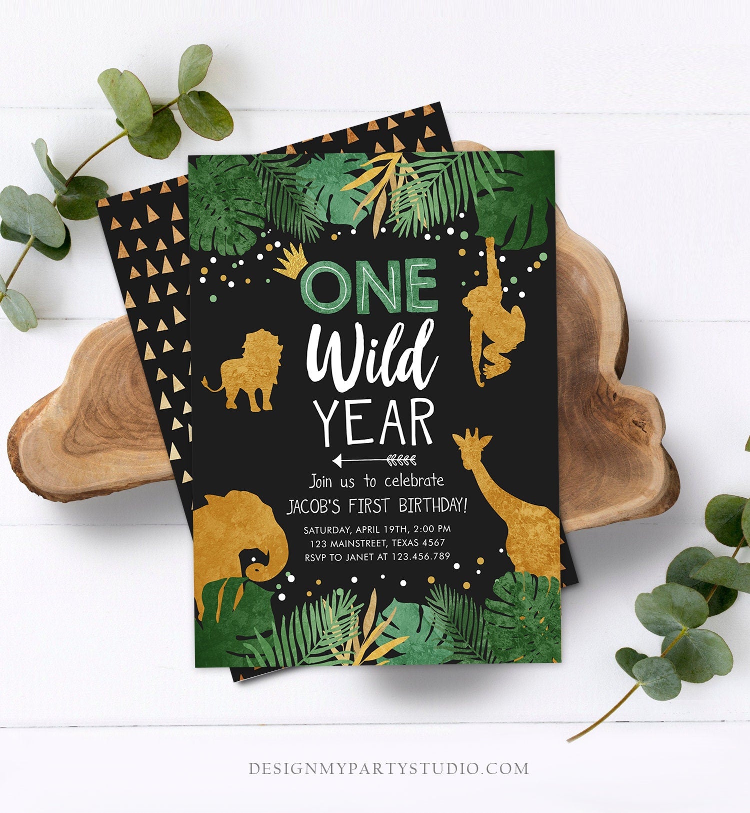Editable Wild One Birthday Invite Safari Animals Jungle One Wild Year Black Gold First Birthday 1st Download Printable Corjl Template 0016