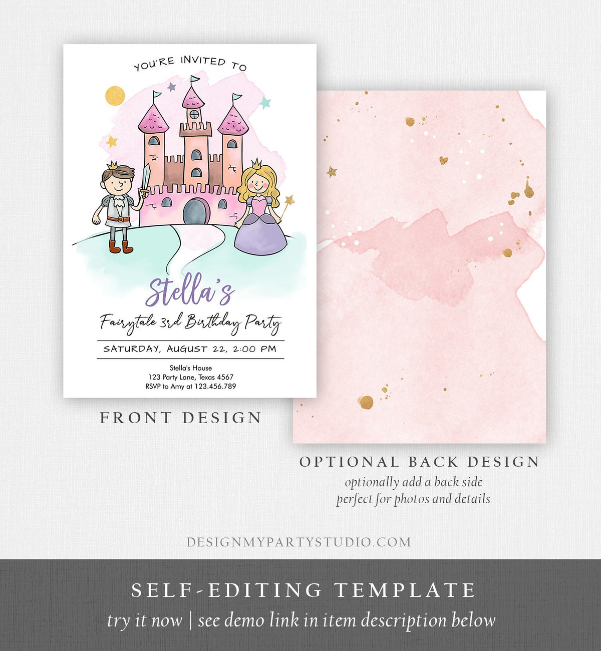 Editable Princess Birthday Invitation Girl Fairytale Birthday Party Knights Prince Castle Download Printable Template Digital Corjl 0385