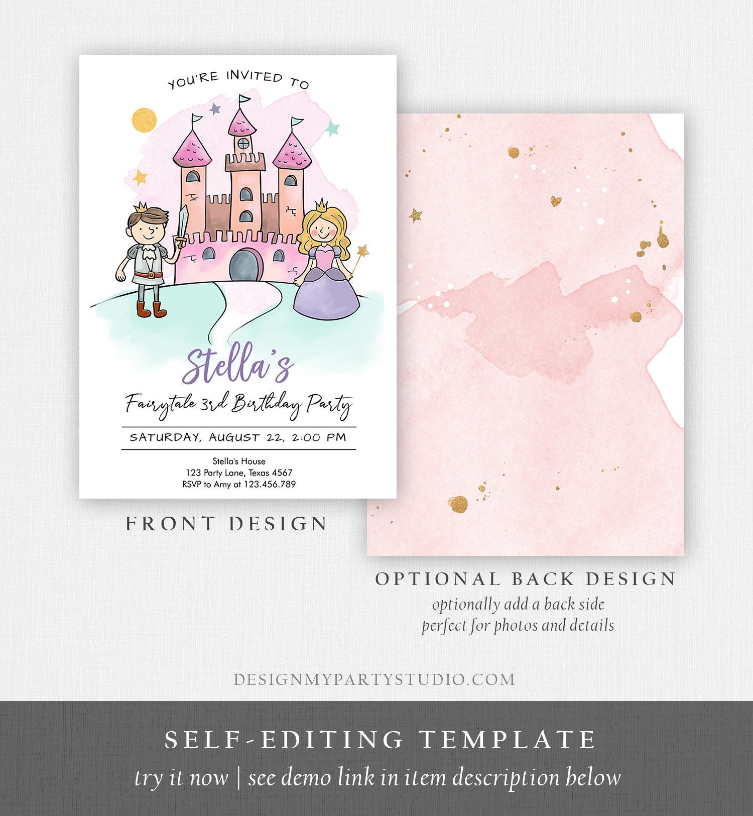 Editable Princess Birthday Invitation Girl Fairytale Birthday Party Knights Prince Castle Download Printable Template Digital Corjl 0385