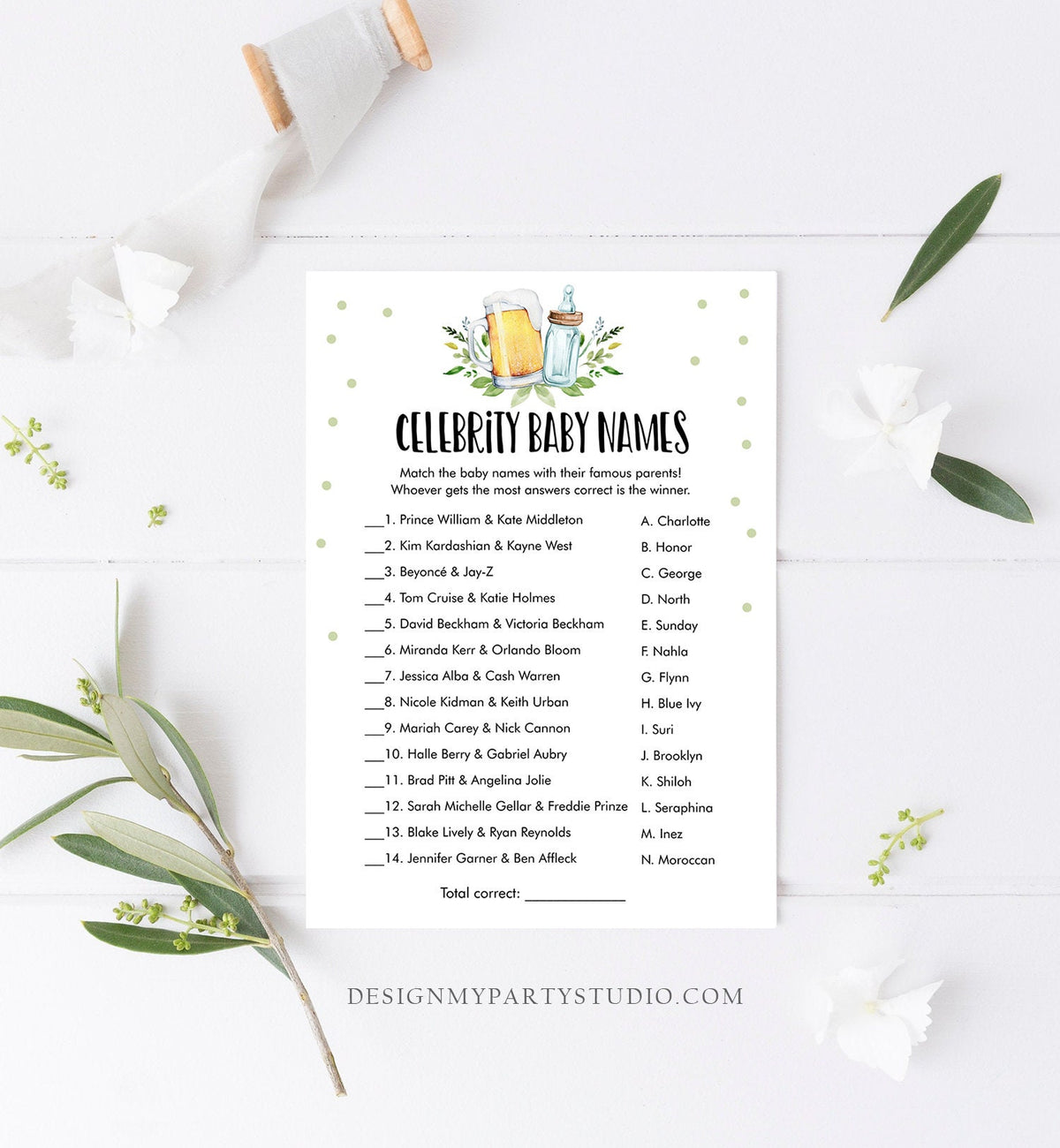 Editable Celebrity Baby Names Baby Shower Game Baby Name Game Greenery Baby is Brewing Shower Activity Beer Corjl Template Printable 0190