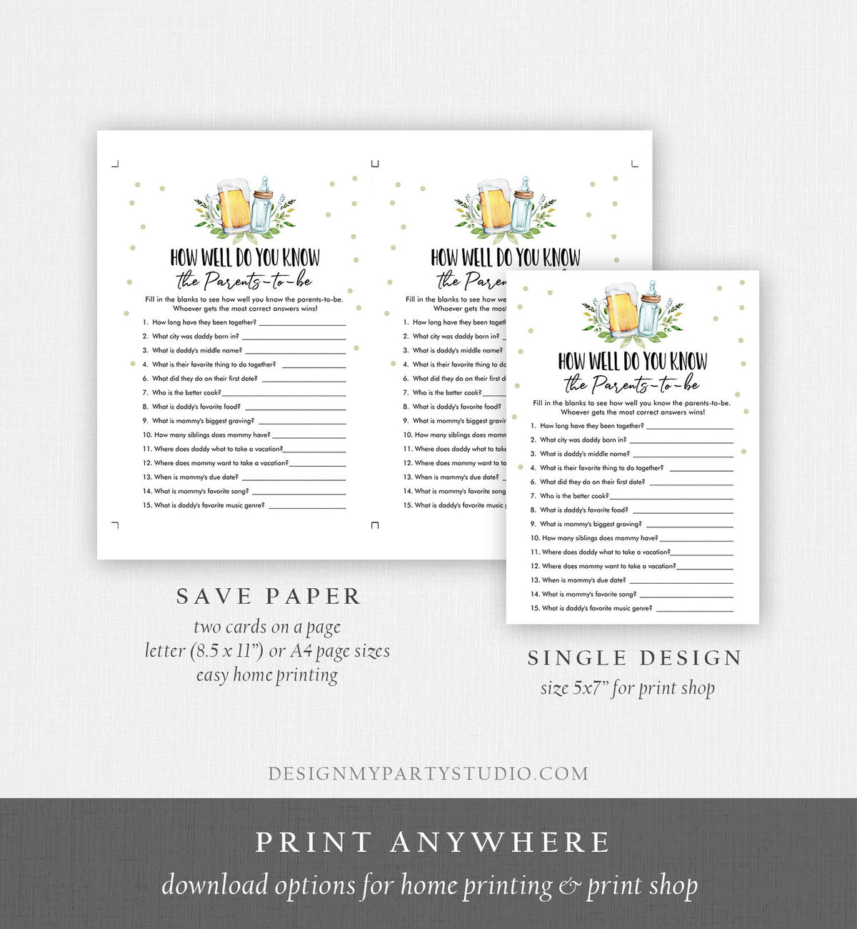 Editable How Well Do You Know the Parents Baby Shower Game Greenery Baby is Brewing Activity Beer Bottle Digital Template Printable 0190