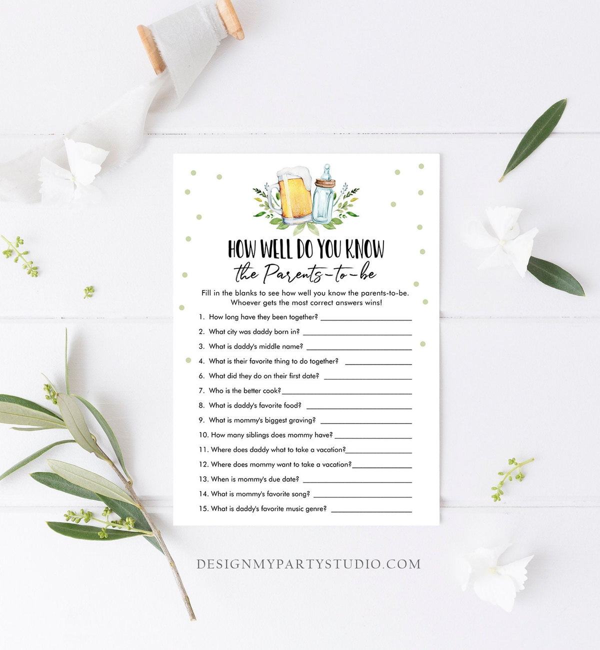 Editable How Well Do You Know the Parents Baby Shower Game Greenery Baby is Brewing Activity Beer Bottle Digital Template Printable 0190