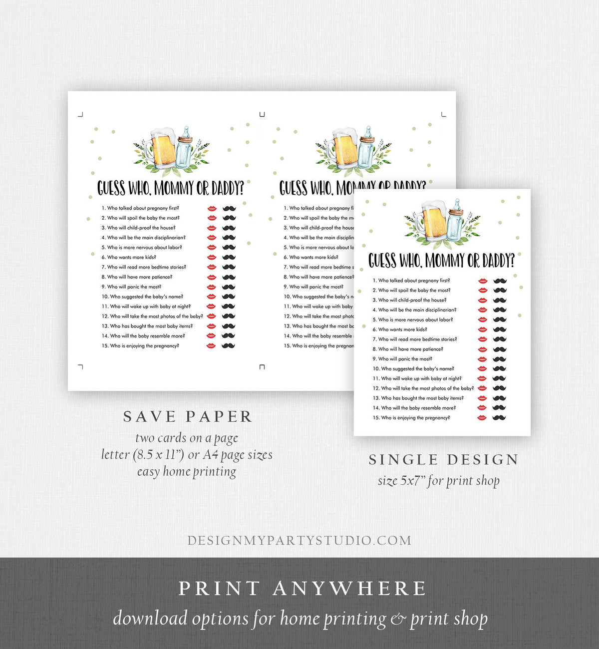 Editable Mommy or Daddy Baby Shower Game Guess Who Mom Dad Greenery Baby is Brewing Activity Beer Bottle Digital Template Printable 0190