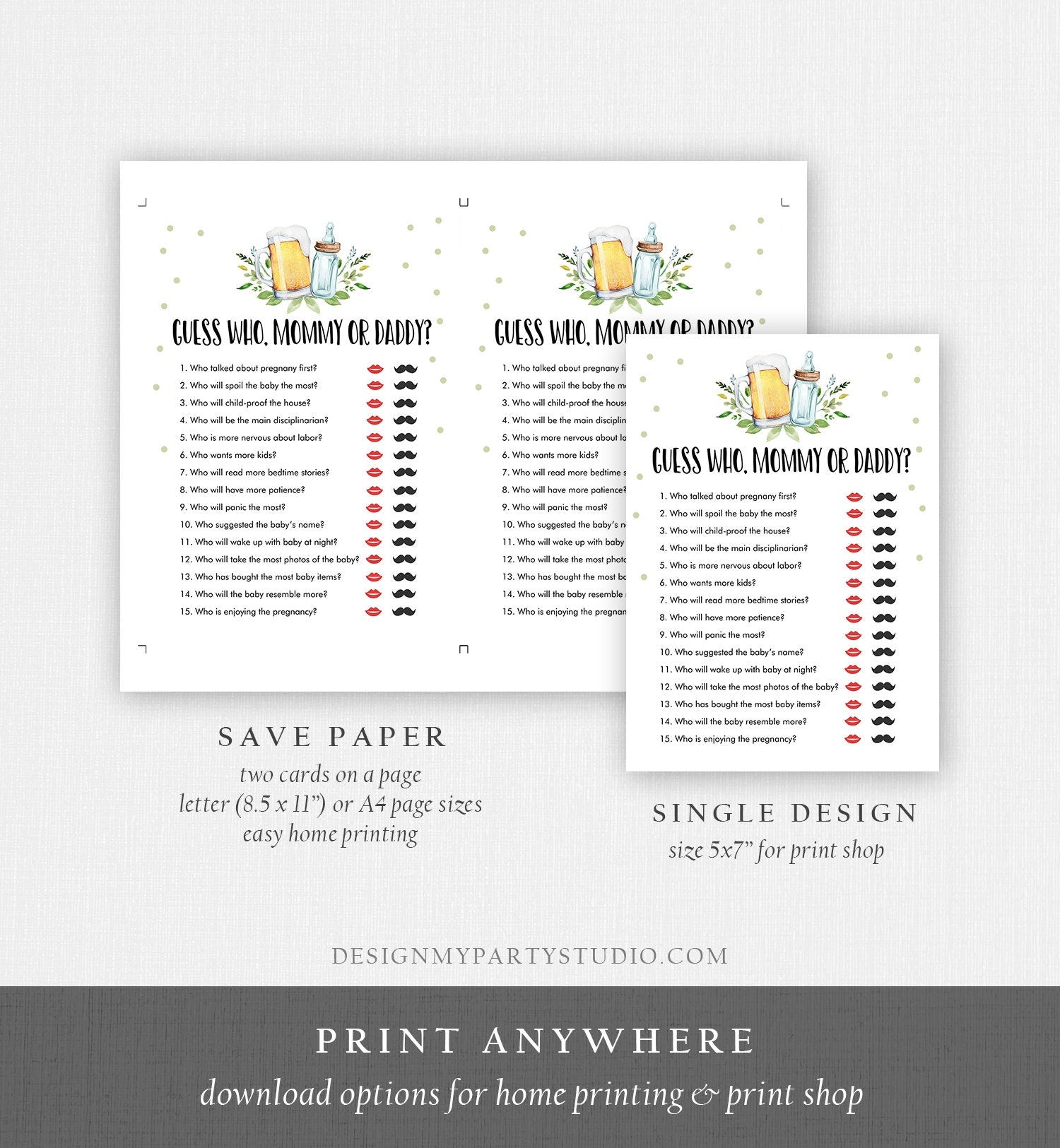 Editable Mommy or Daddy Baby Shower Game Guess Who Mom Dad Greenery Baby is Brewing Activity Beer Bottle Digital Template Printable 0190