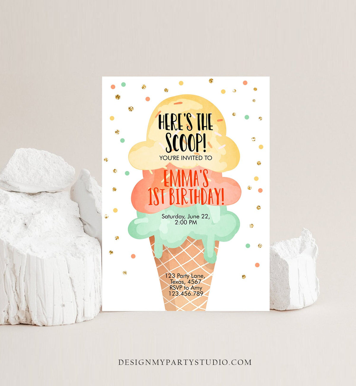 Editable Ice Cream Birthday Invitation First Birthday Party Here's the Scoop Cone Yellow Orange Mint Gold Printable Template Corjl 0243