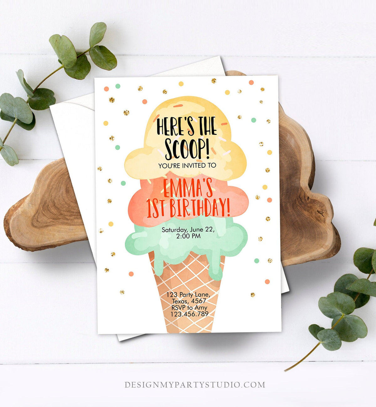 Editable Ice Cream Birthday Invitation First Birthday Party Here's the Scoop Cone Yellow Orange Mint Gold Printable Template Corjl 0243