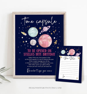Editable Outer Space Time Capsule First Birthday Party Astronaut Rocket Space Girl Pink Moon Planets Guestbook Template Printable Corjl 0357