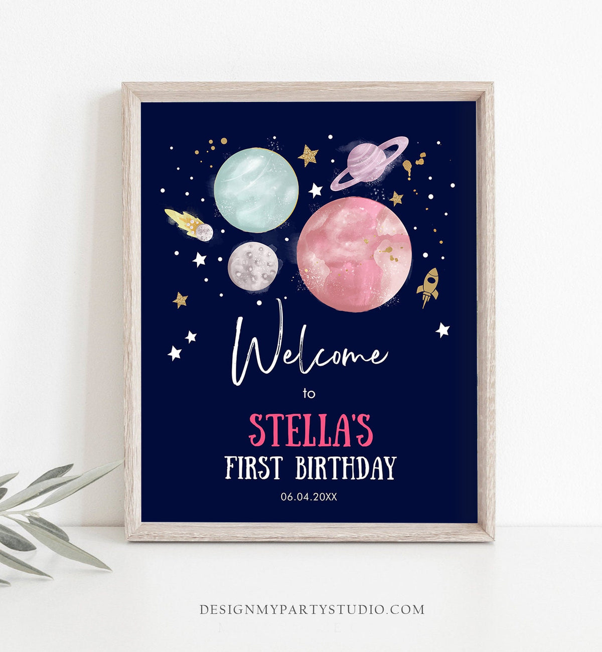 Editable Outer Space Birthday Welcome Sign 1st Birthday Girl Galaxy Planets Trip Around the Sun Astronaut Digital Template Printable 0357