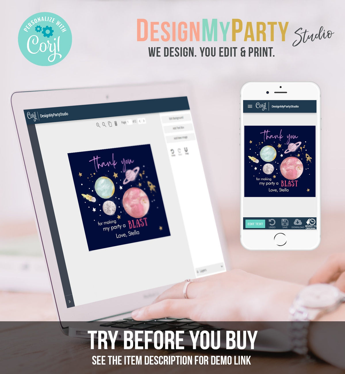 Editable Outer Space Favor Tag Birthday Thank You Sticker Galaxy Gift Trip Around the Sun Planets Digital Download Template Printable 0357