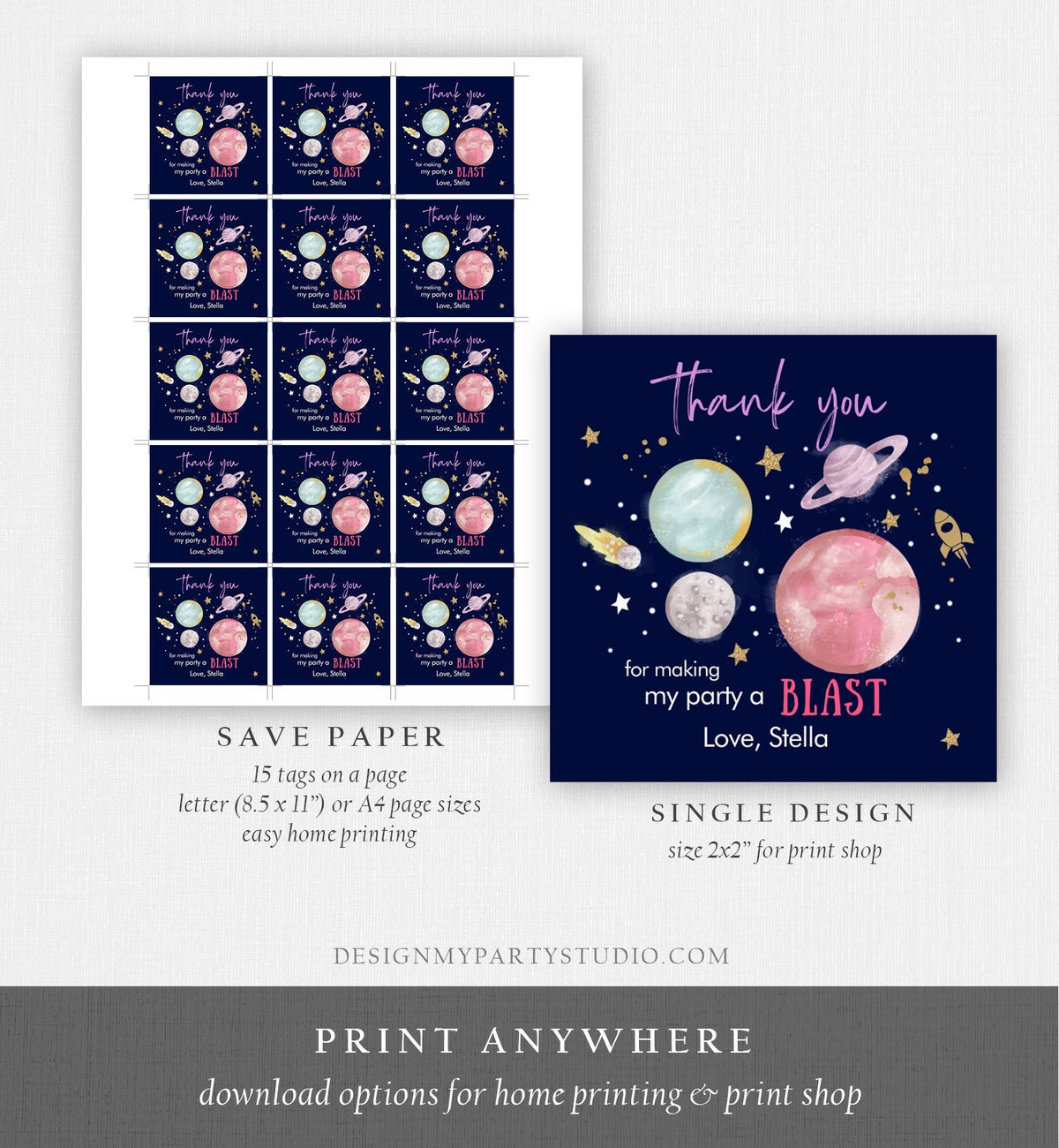 Editable Outer Space Favor Tag Birthday Thank You Sticker Galaxy Gift Trip Around the Sun Planets Digital Download Template Printable 0357