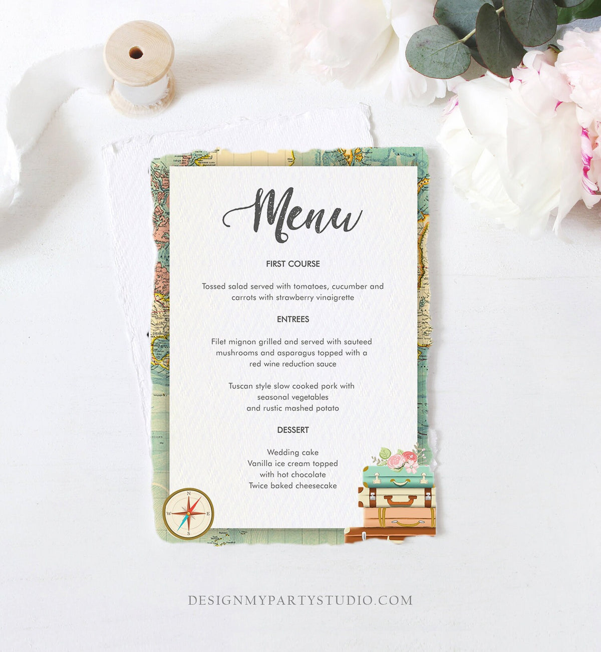 Editable Travel Adventure Menu Card Wedding Bridal Shower Birthday Party Traveling to Mrs Party Download Corjl Template Printable 0044