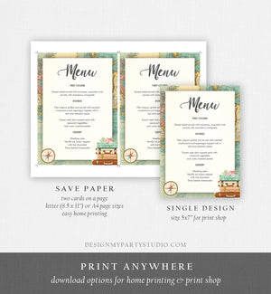 Editable Travel Adventure Menu Card Wedding Bridal Shower Birthday Party Traveling to Mrs Party Download Corjl Template Printable 0044