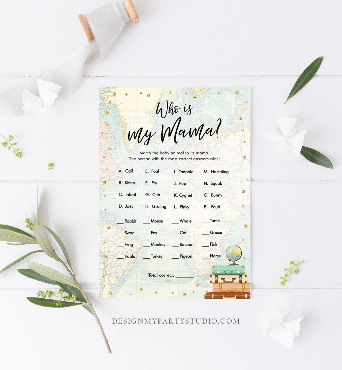 Editable Who is My Mama Baby Shower Game Card Travel Adventure Journey Animal Baby Names Activity Printable Download Template Corjl 0263