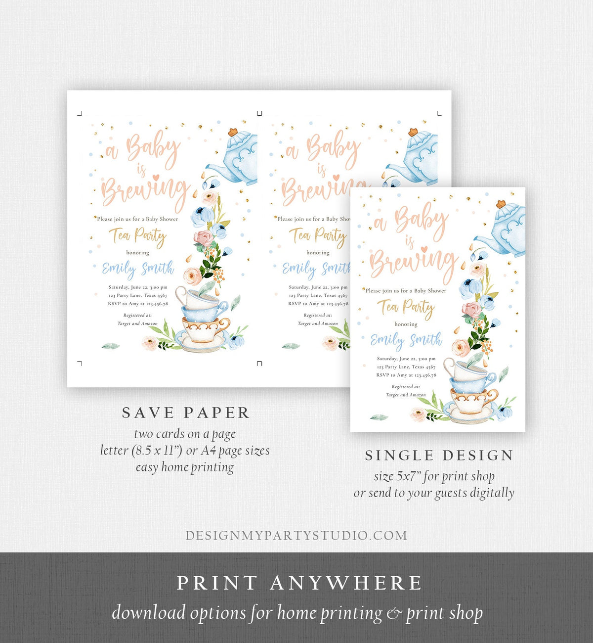 Editable Tea Party Baby Shower Invitation Tea Shower Sprinkle Floral Blue Boy Gold Brunch Bubbly Digital Download Template Printable 0349