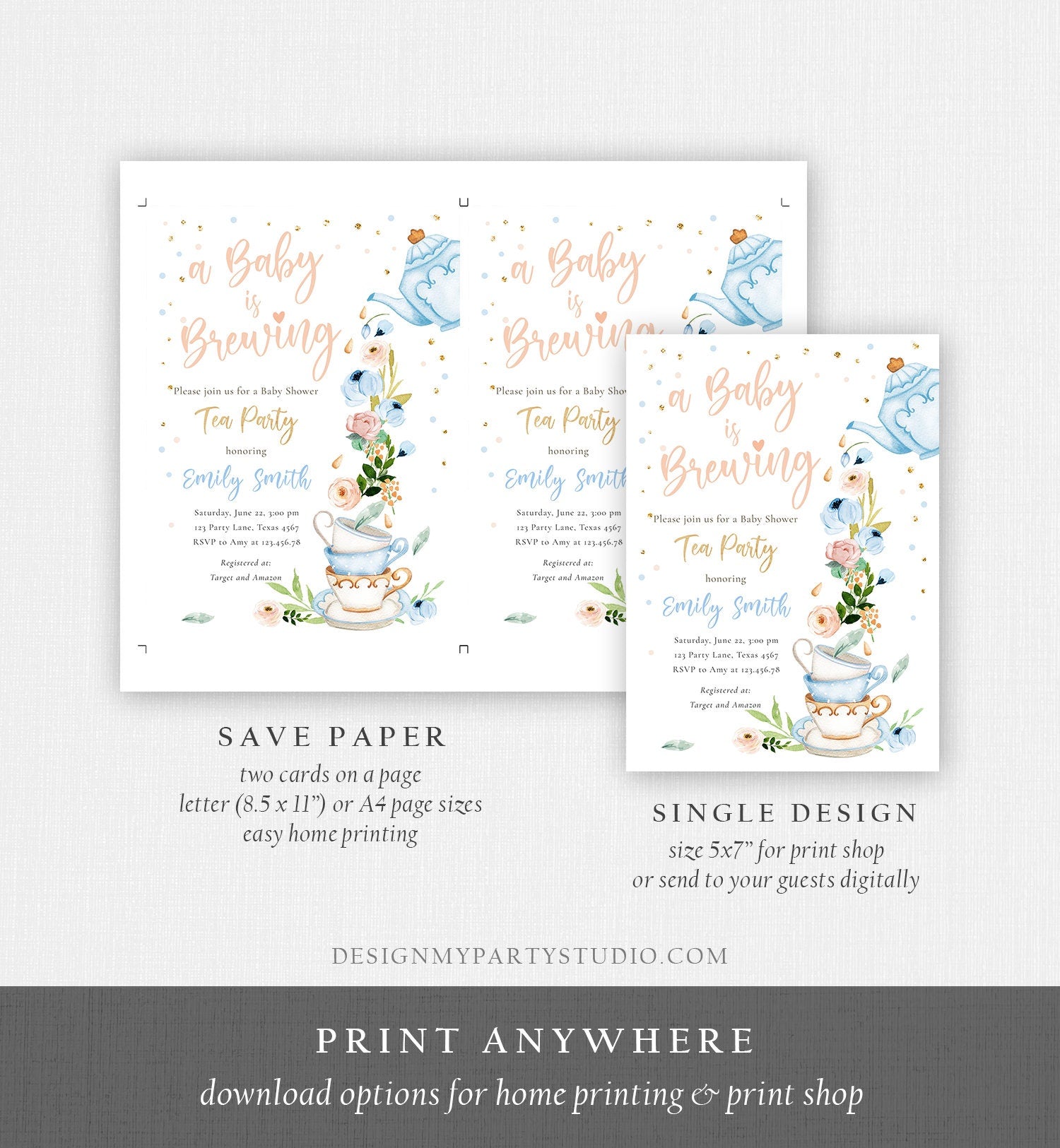 Editable Tea Party Baby Shower Invitation Tea Shower Sprinkle Floral Blue Boy Gold Brunch Bubbly Digital Download Template Printable 0349