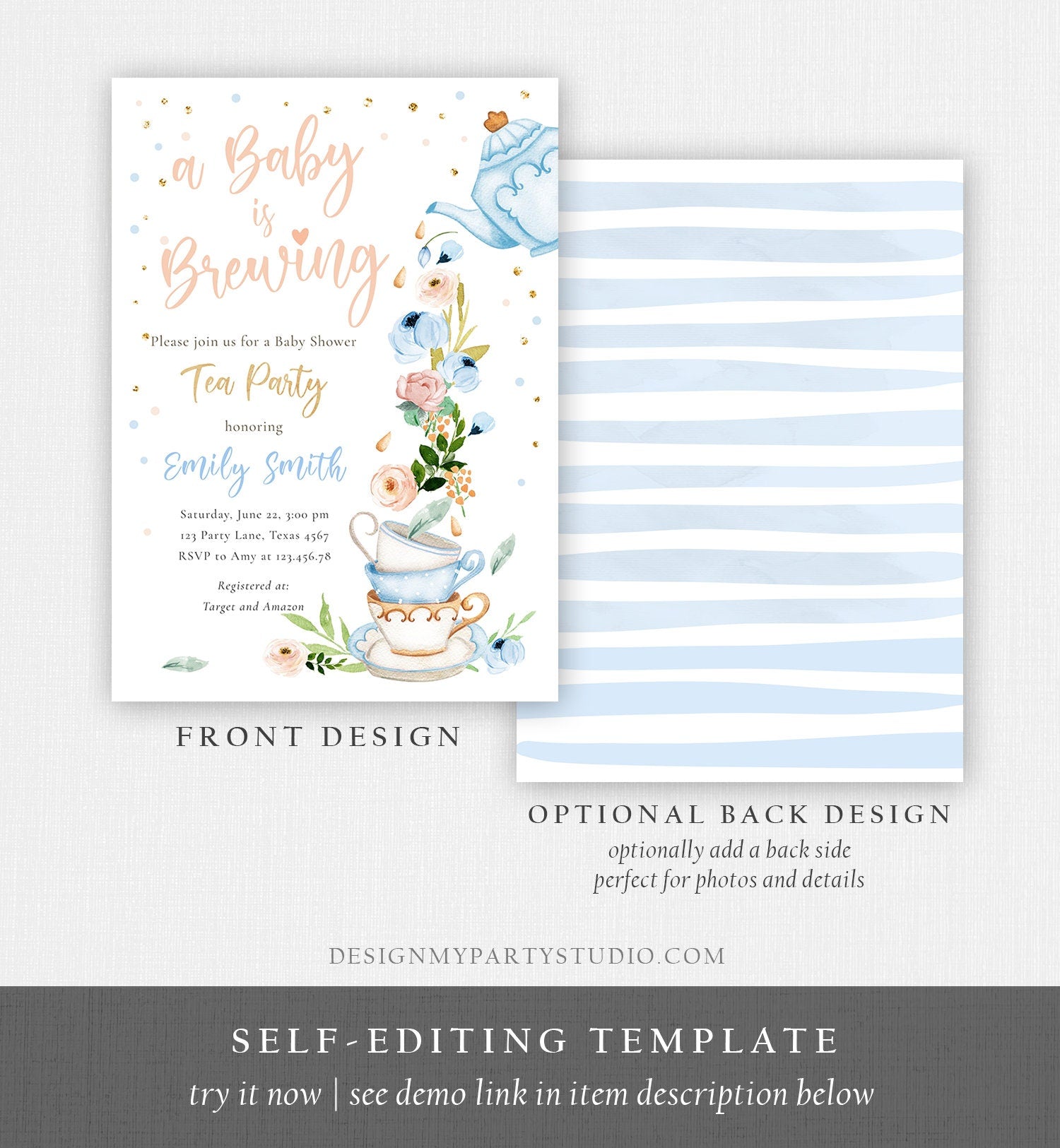 Editable Tea Party Baby Shower Invitation Tea Shower Sprinkle Floral Blue Boy Gold Brunch Bubbly Digital Download Template Printable 0349