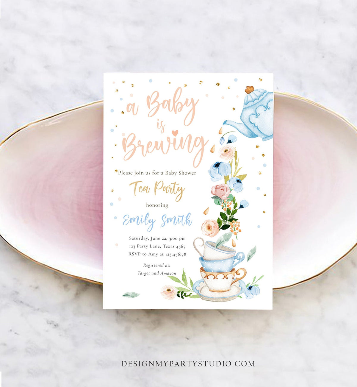 Editable Tea Party Baby Shower Invitation Tea Shower Sprinkle Floral Blue Boy Gold Brunch Bubbly Digital Download Template Printable 0349