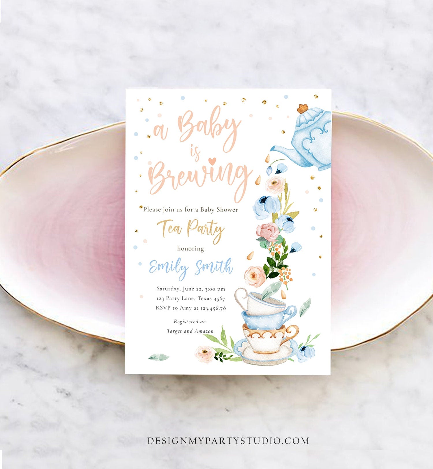 Editable Tea Party Baby Shower Invitation Tea Shower Sprinkle Floral Blue Boy Gold Brunch Bubbly Digital Download Template Printable 0349