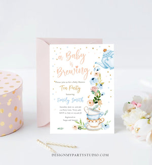 Editable Tea Party Baby Shower Invitation Tea Shower Sprinkle Floral Blue Boy Gold Brunch Bubbly Download Corjl Template Printable 0349