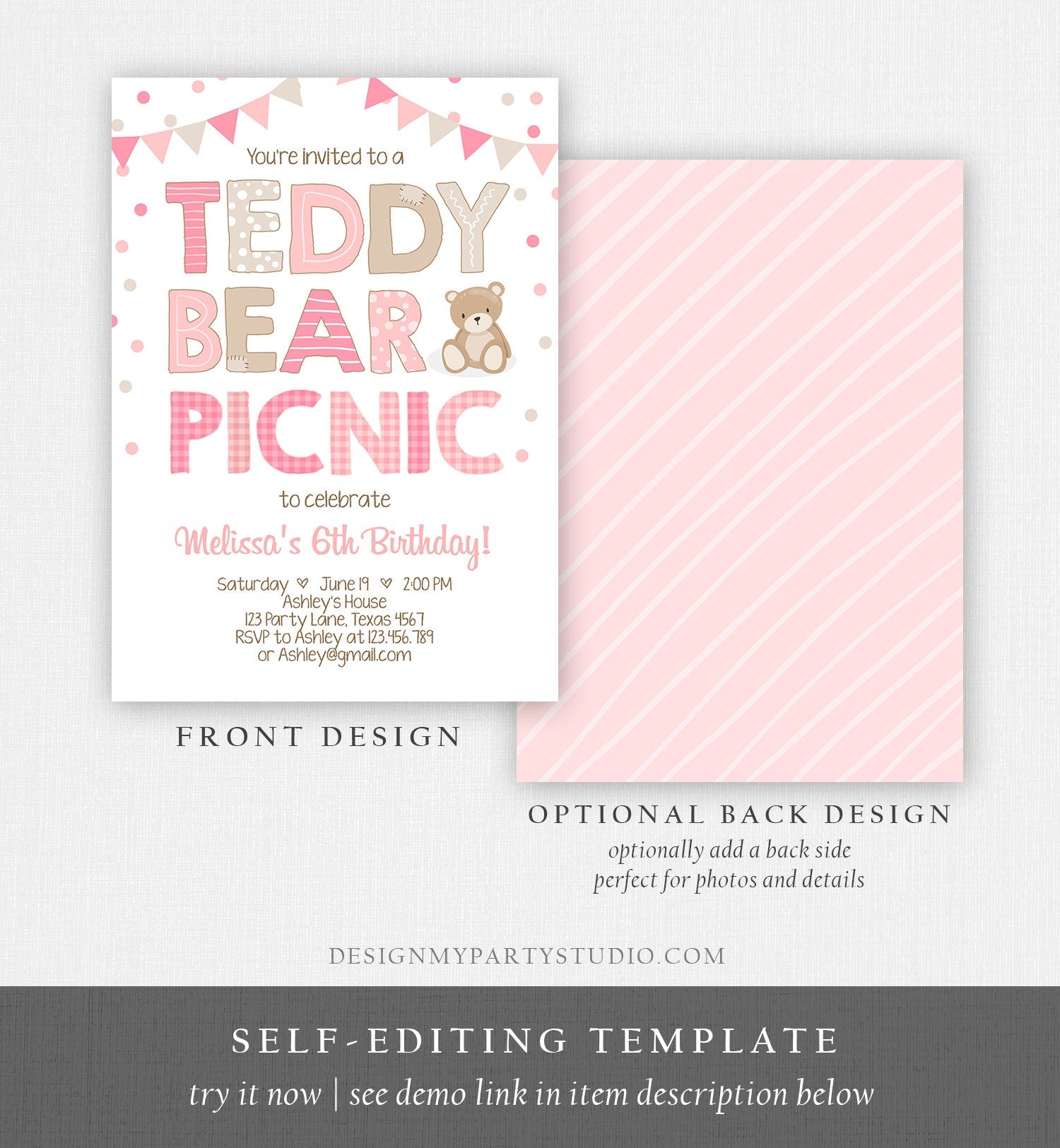 Editable Teddy Bear Picnic Birthday Invitation Girl Pink Bear Birthday Picnic Summer Outdoor Party Digital Evite Template Printable 0100