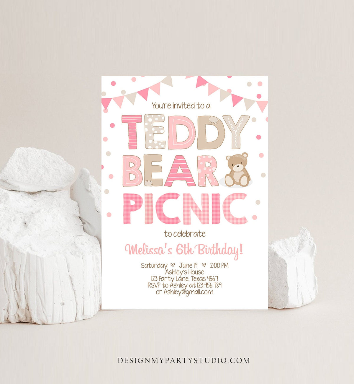 Editable Teddy Bear Picnic Birthday Invitation Girl Pink Bear Birthday Picnic Summer Outdoor Party Digital Evite Template Printable 0100