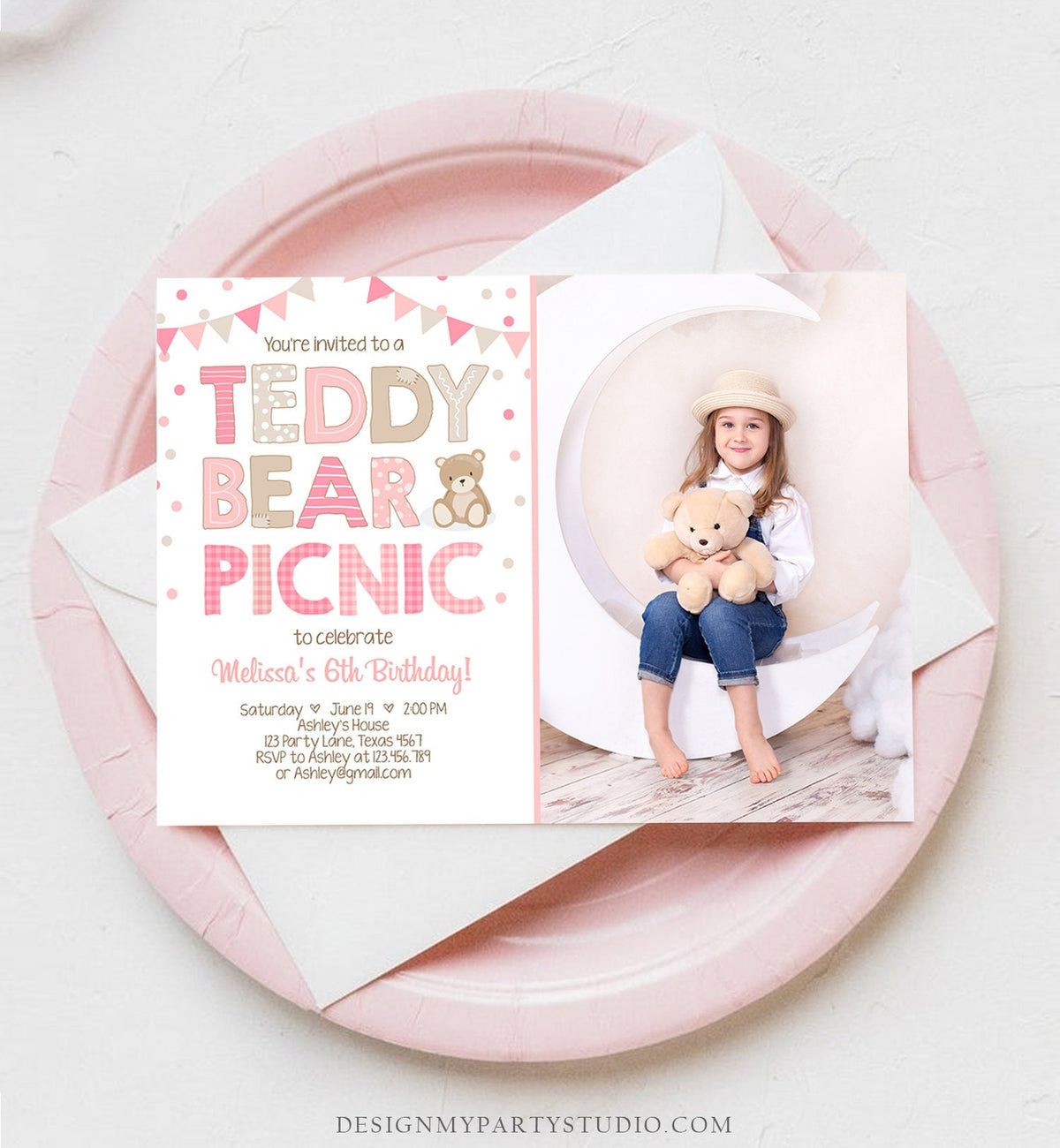 Editable Teddy Bear Picnic Birthday Invitation Girl Pink Bear Birthday Picnic Summer Outdoor Party Printable Digital Corjl Template 0100