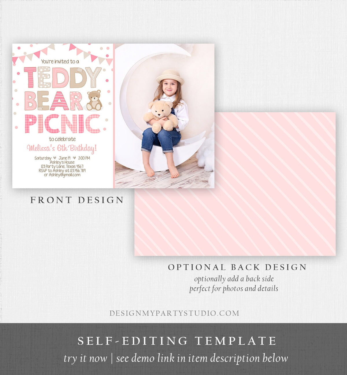 Editable Teddy Bear Picnic Birthday Invitation Girl Pink Bear Birthday Picnic Summer Outdoor Party Printable Digital Corjl Template 0100