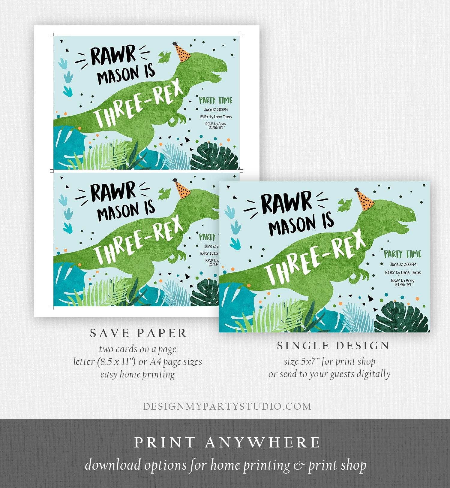 Editable Three-Rex Dinosaur Birthday Invitation Dino T-Rex Third Birthday 3rd ROAR RAWR Boy Prehistoric Digital Template Printable 0389