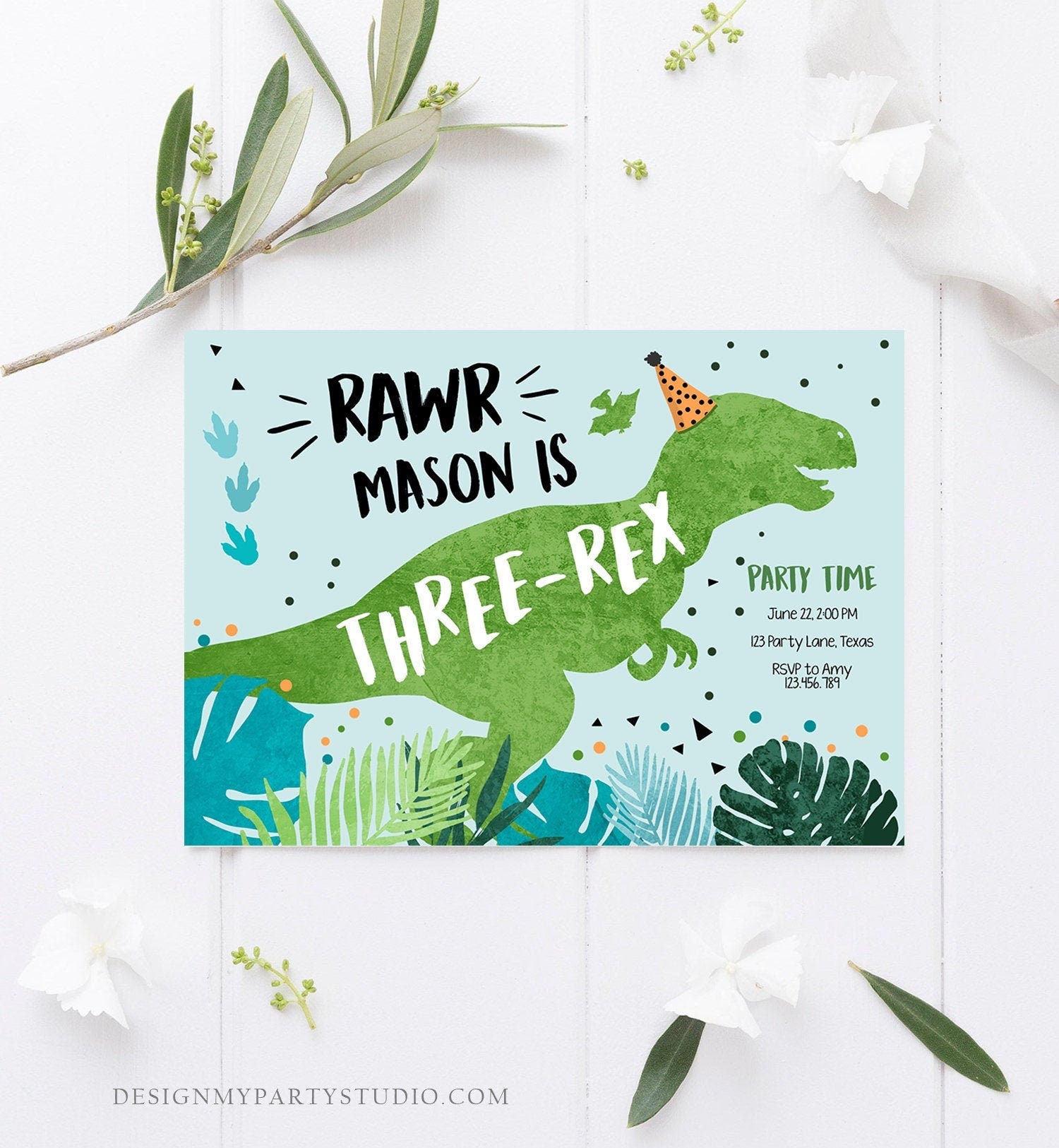 Editable Three-Rex Dinosaur Birthday Invitation Dino T-Rex Third Birthday 3rd Rawr Boy Green Blue Prehistoric Printable Corjl Template 0389