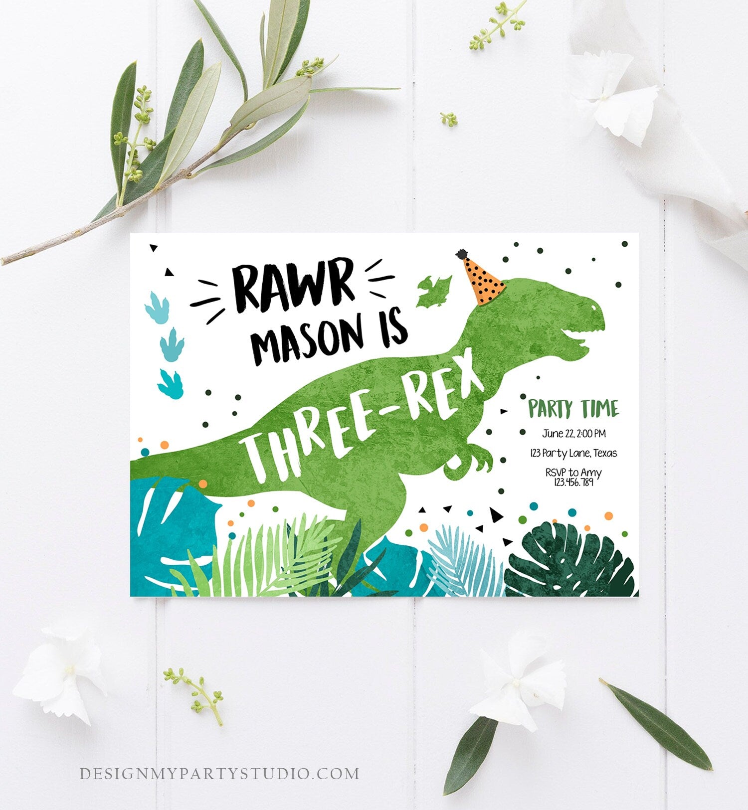 Editable Three-Rex Dinosaur Birthday Invitation Dino T-Rex Third Birthday 3rd Rawr Boy Green Blue Prehistoric Printable Corjl Template 0389