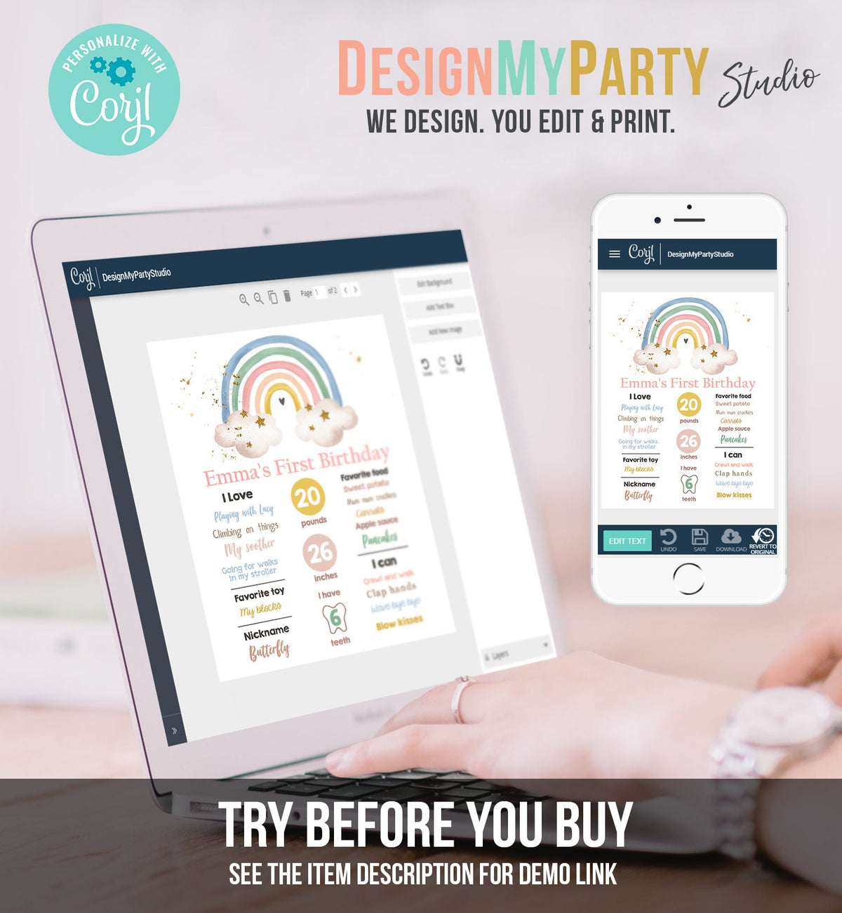 Editable Boho Rainbow Birthday Milestones Sign Girl First Birthday Modern Infographic Birthday Decor Download Corjl Template Printable 0387