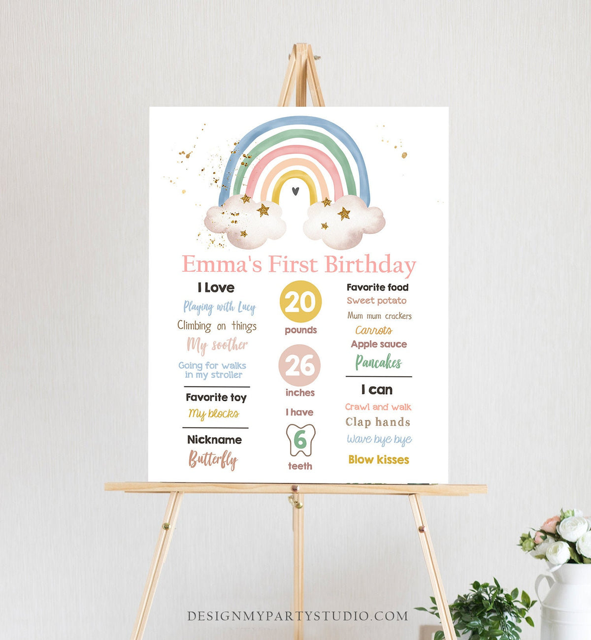 Editable Boho Rainbow Birthday Milestones Sign Girl First Birthday Modern Infographic Birthday Decor Download Corjl Template Printable 0387