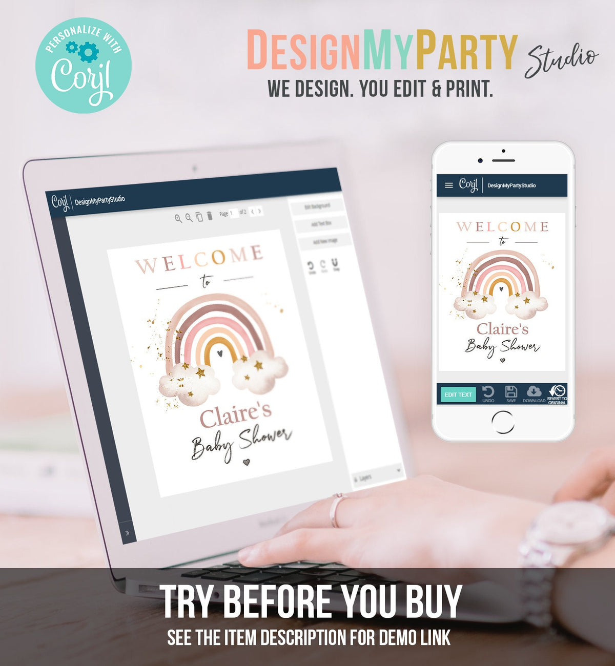 Editable Rainbow Welcome Sign Rainbow Baby Shower Modern Earth Tones Boho Shower Sign Welcome Rust Pink Girl Template PRINTABLE Corjl 0387