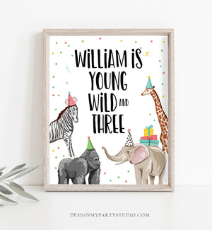 Editable Young Wild and Three Birthday Sign Safari Animals Zoo Jungle Party Wild Animals Party Decorations Corjl Template PRINTABLE 0142