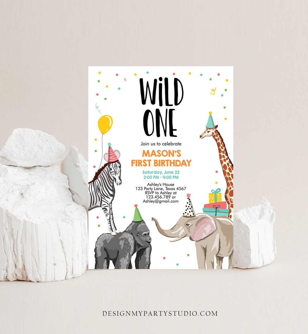 Editable Party Animals Birthday Invitation Wild One Animals Invitation 1st Zoo Safari Animals Boy Download Printable Template Corjl 0142