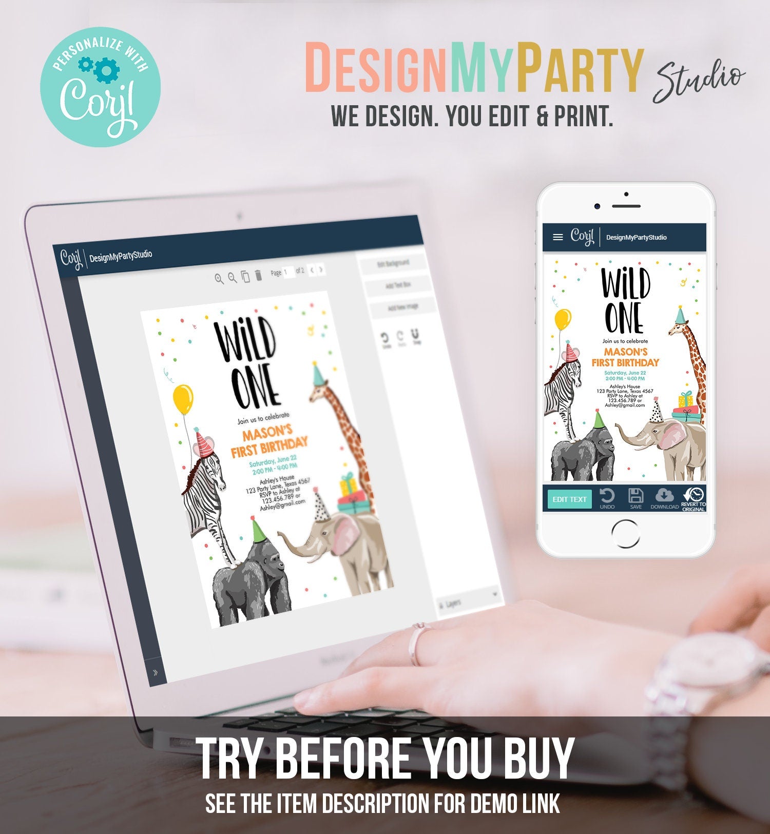 Editable Party Animals Birthday Invitation Wild One Animals Invitation 1st Zoo Safari Animals Boy Download Printable Template Corjl 0142