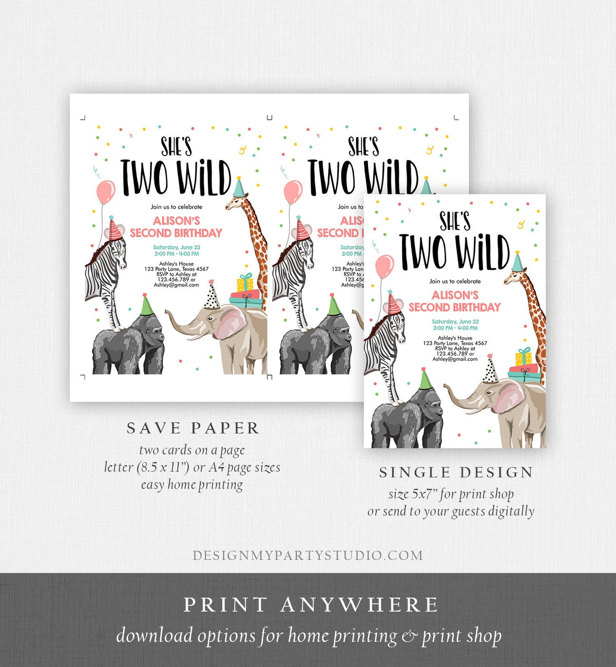 Editable Birthday Invitation Girl Two Wild Animals Invite Pink Safari Animals Zoo Instant Download Printable Template Digital Corjl 0142